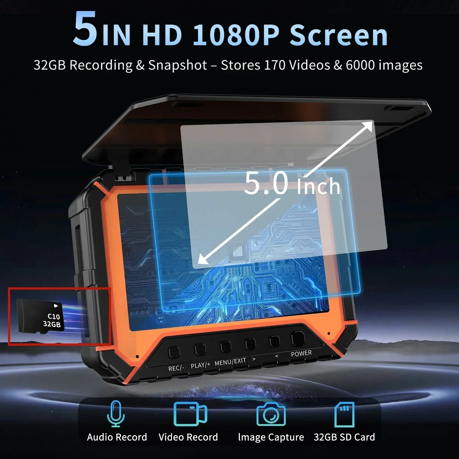 5Inch HD 1080P Sewer Pipe Camera 32GB Video&Audio Recording 23MM HD Camera Head for Home Inspection IP68 Waterproof 20M/30M/50M