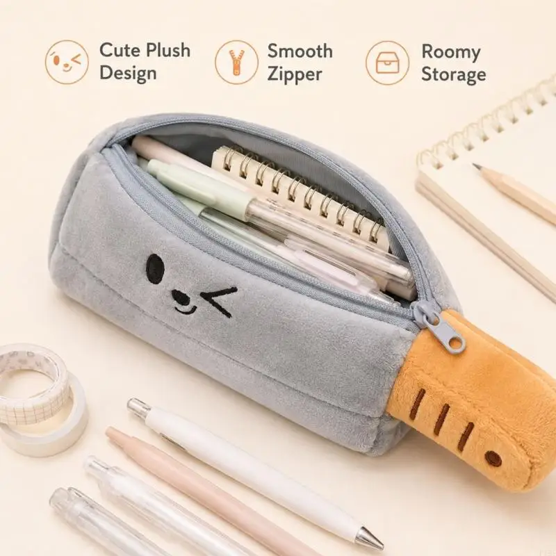 Plush Pencil Bag Blade Shaped Zippered Pencil Case for Students, Soft Pencil Organiser for School Study, Desk Storage and F19E