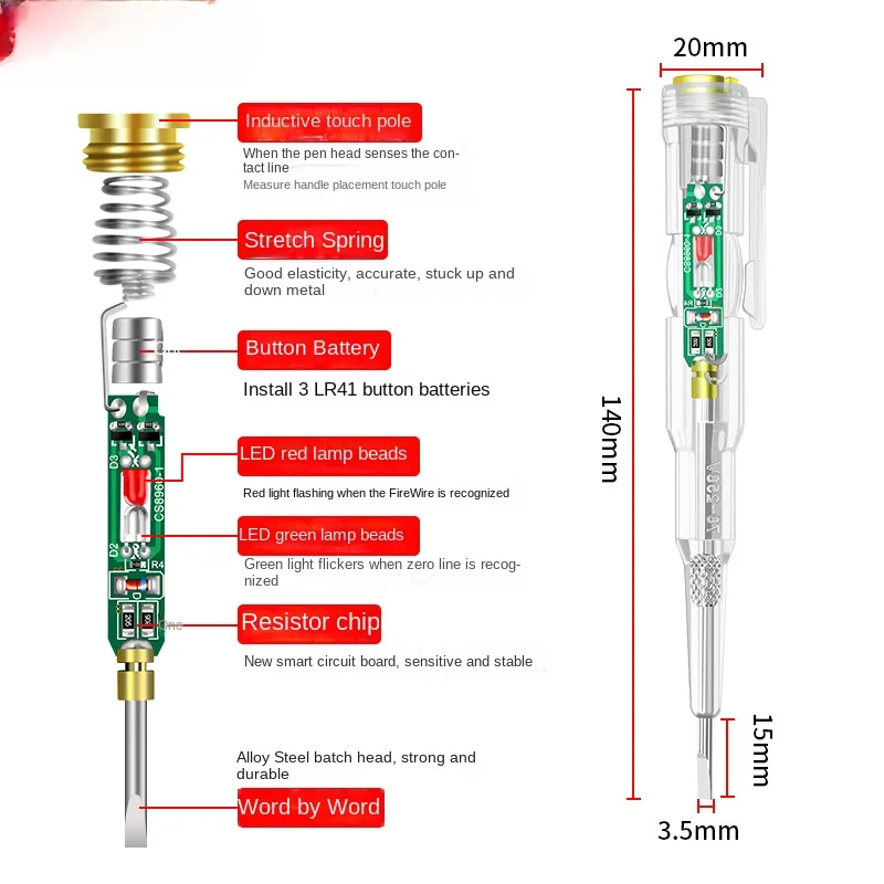 Lampu led khusus ahli listrik, tes cerdas kecerahan tinggi warna cahaya tahan air electroprobe lampu lalu lintas pena uji