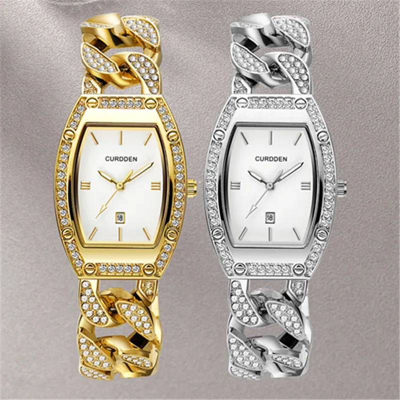 Ldaies-relojes de marca CURDDEN originales para estudiantes, pulseras de lujo con diamantes dorados, pulsera de aleación de moda para niñas, reloj de cuarzo con fecha plateado