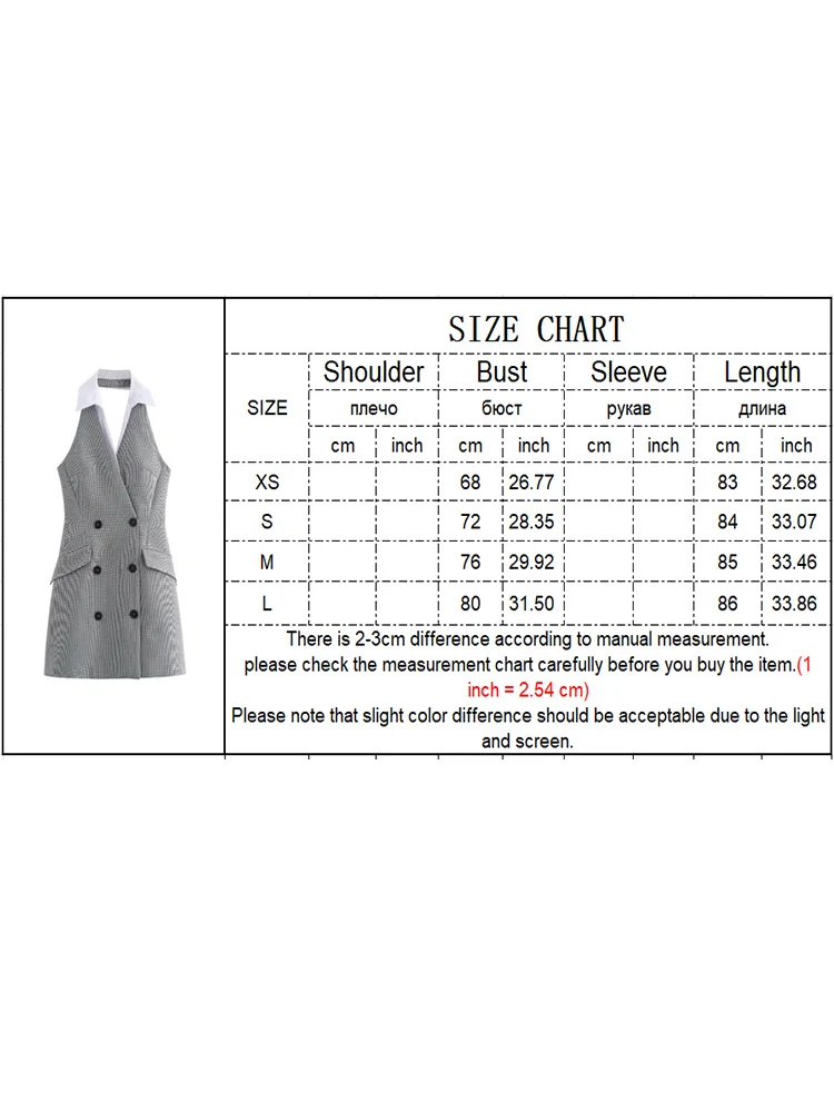 TRAF 2024 Fashion Women Plaid Halter Mini Dresses Pffice Ladies Sleevless Double Breasted Slim Dress Chic Elegant Party Dress