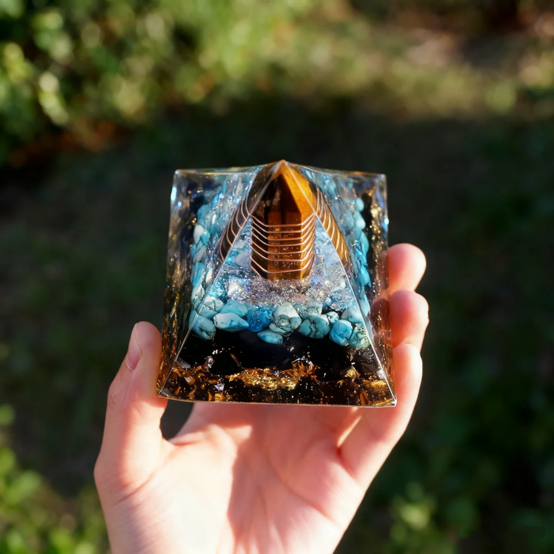 1 Stück Orgonit-Pyramide Tigerauge-Steine, Türkis mit Obsidian, Kupfer-Orgon-Pyramid-Kristall, Orgonit-Pyramide – Detail 5