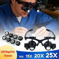 2XLED Watch Jeweler Repair Magnifier Head-Mounted Headband Adjustable Magnifying Head Eye Glasses Loupe Lens 10X 15X 20X 25X