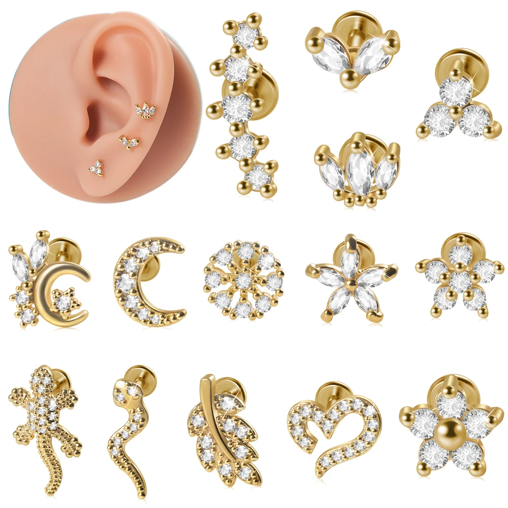 14PCS 316L Surgical Steel Cz Labret Lip Ring 16G Gold Plated Zircon Cluster Lobe Earring Cartilage Tragus Daith Piercing Jewelry