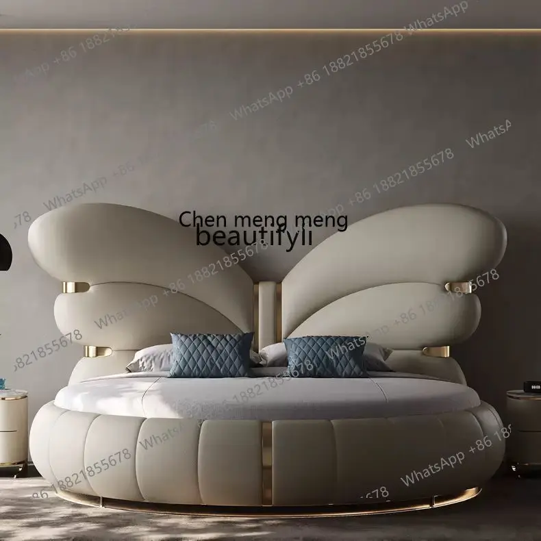 X Modern light luxury leather bed, luxury master bedroom big bed, new, big round, double bed