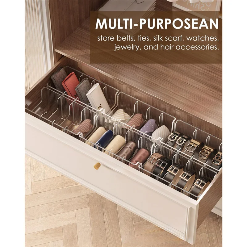 منظم حزام أكريليك BAAR-1-Pack للخزانة والدرج - 8 مقصورات قابلة للفصل، عرض حامل حزام شفاف يناسب معظم الأحجام