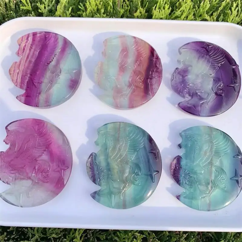 

Natural Rainbow Fluorite Moon Unicorn Carving Crafts Healing Stone Fashion Home Ornaments Birthday Gift 1PCS