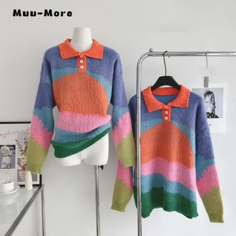 

Autumn Winter Women Rainbow Color Loose Knit Sweater Pullover Tops Long Sleeve Turn-down Collar Fashion Stylish Baggy Jumpers