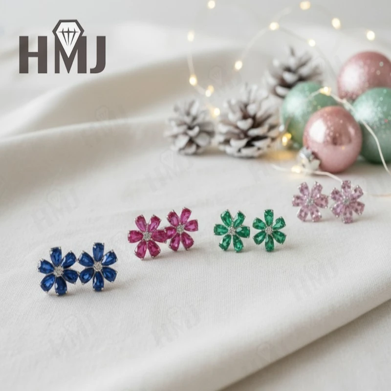 Flower Earrings 4.3-6.3CT Pear Ruby Sapphire Colombia Padparadscha S925 Romantic Six Petals Ear Studs for Women Chrismas Gifts