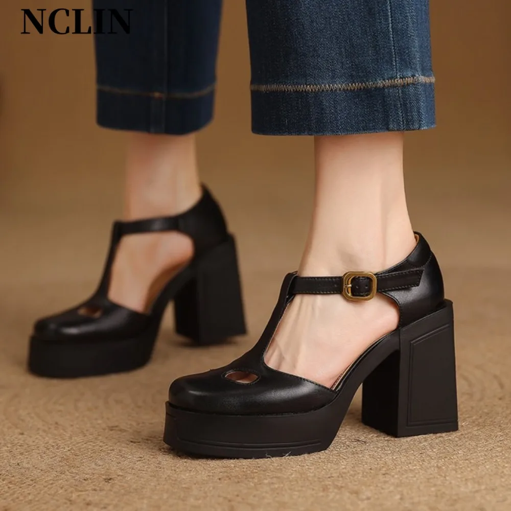 

Women Genuine Leather Sandals 2025 Summer New Luxury Cowhide Covered Toe Block High Heel Buckle Party Gifts Quality Shoes