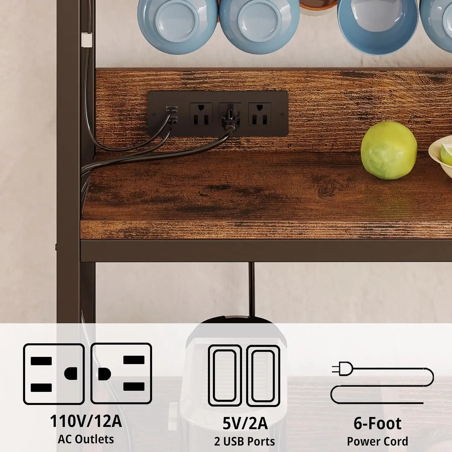 IlearCK-armoire à café-bar avec prise de courant, armoire de planche industrielle avec bande LED et support en verre, armoire française ou à 3 niveaux