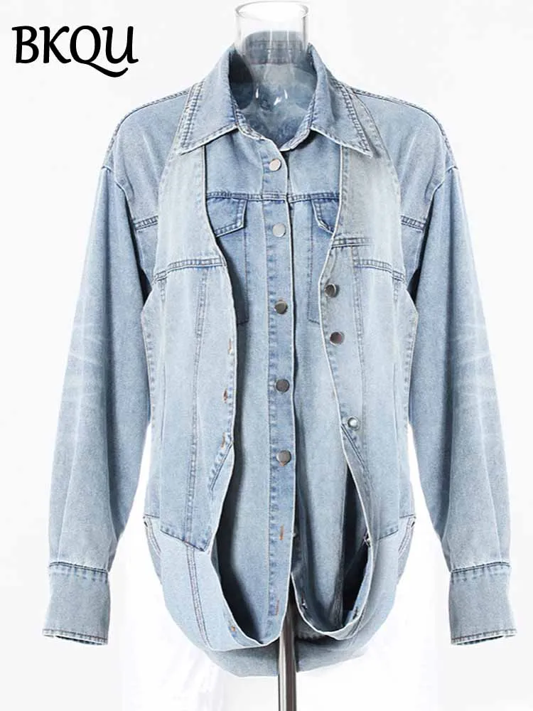 BKQU 2025 Chic Denim Jacket Women Three Design Ways Wear Single Breasted Halter Vest Long Sleeve Back With Belt Jean Coat Spring