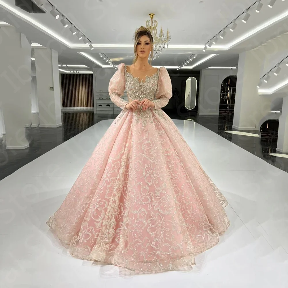 Luxury Latest Ball Gown Prom Dresses Pink Quinceanera Dresses Lace Puffy Sleeves Wedding Party Gowns Crystal Beaded Sheer Neck