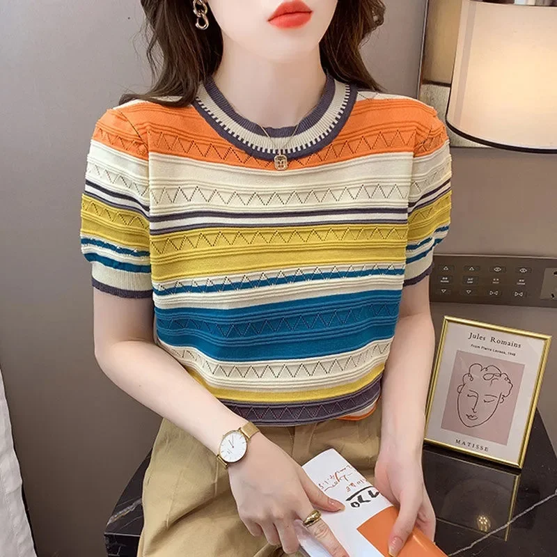 Summer Thin Striped Knit Color Pullover Sweater Women Casual Fashion Loose Tees T-shirt Short Sleeve O-neck Ladies Knitwear Tops