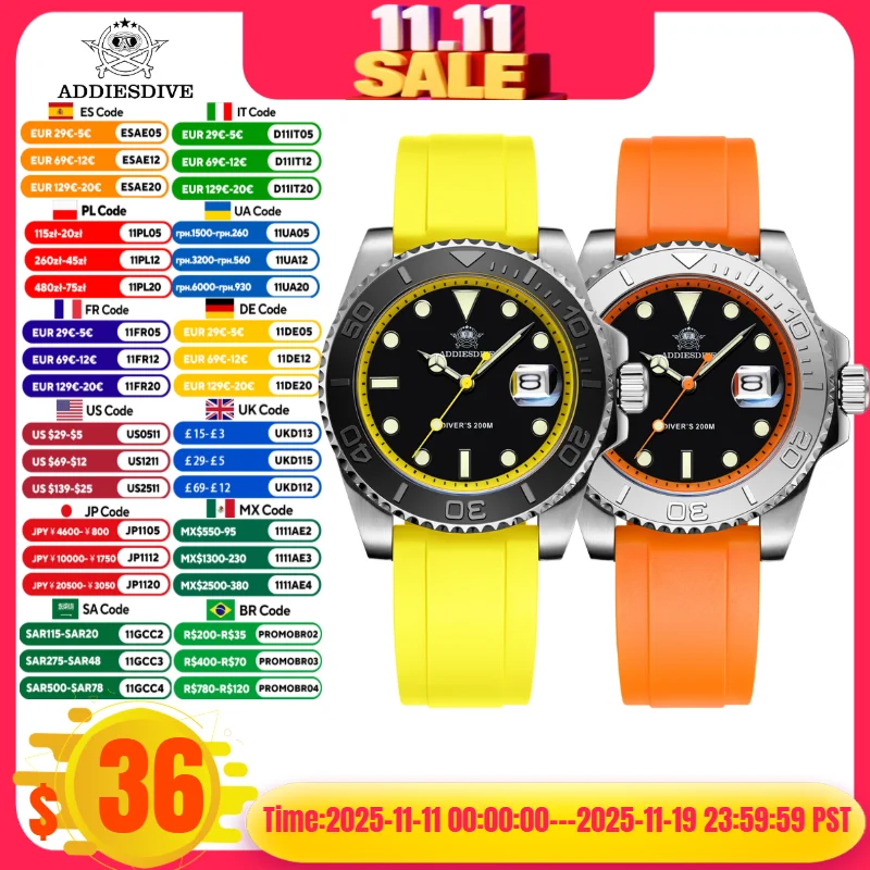 

ADDIESDIVE Mens Quartz Watch BGW9 Blue Luminous 200m Waterproof 316L Stainless Steel Fashion Business Watch Montre Homme