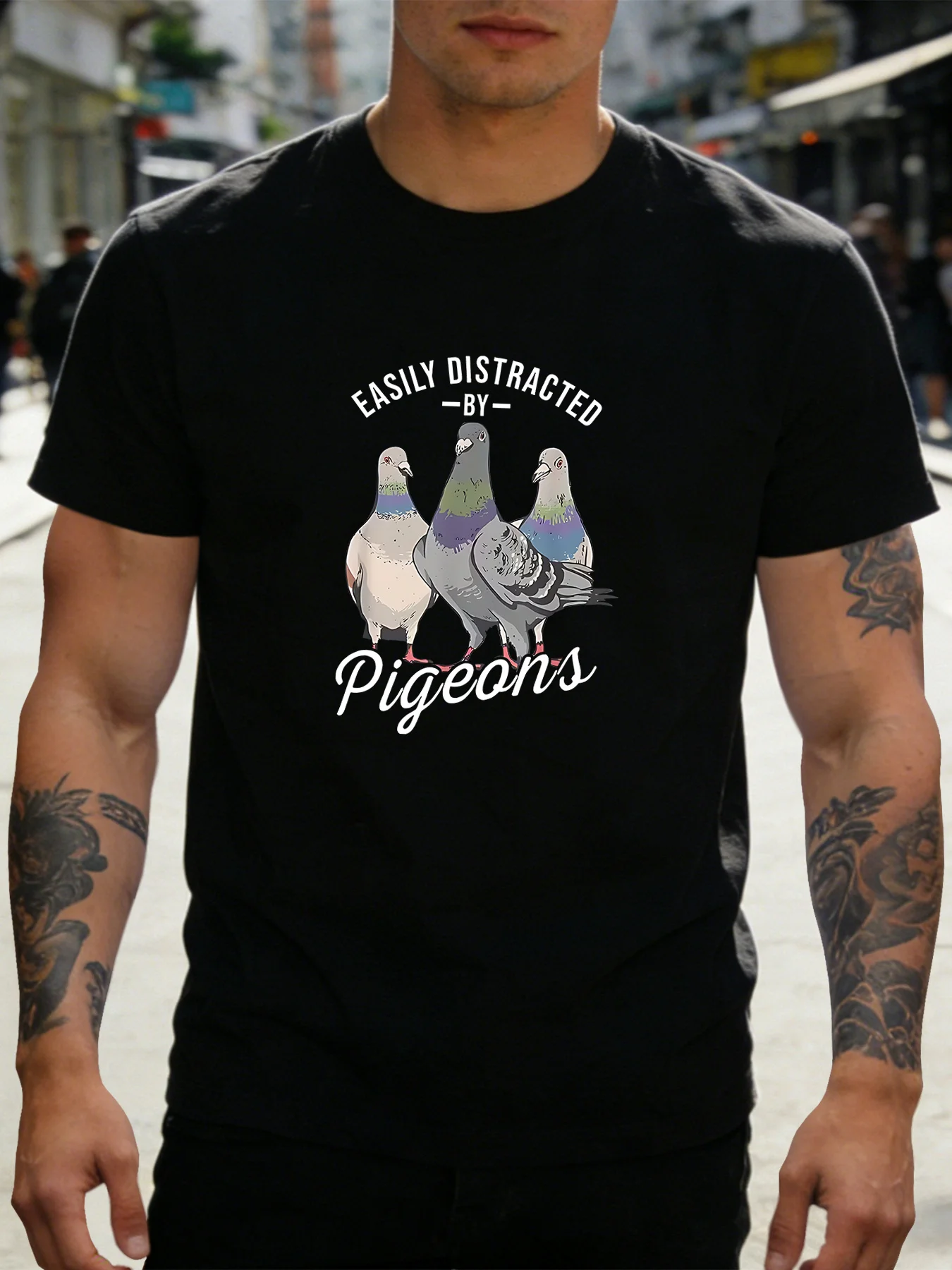 Men Cotton Short Sleeve Crew Neck Tee Easily Distracted By Pigeons Bird Print Gift For Pigeon Lover Casual Summer Daily Top