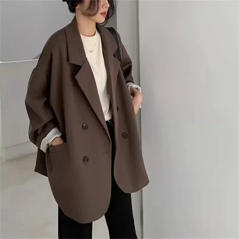 Übergroße, schicke, lässige Anzugjacke, neu im Vintage-Stil, brauner Blazer für Damen, elegant, offiziell, für Damen, Frühling und Herbst, modisch, langärmelig