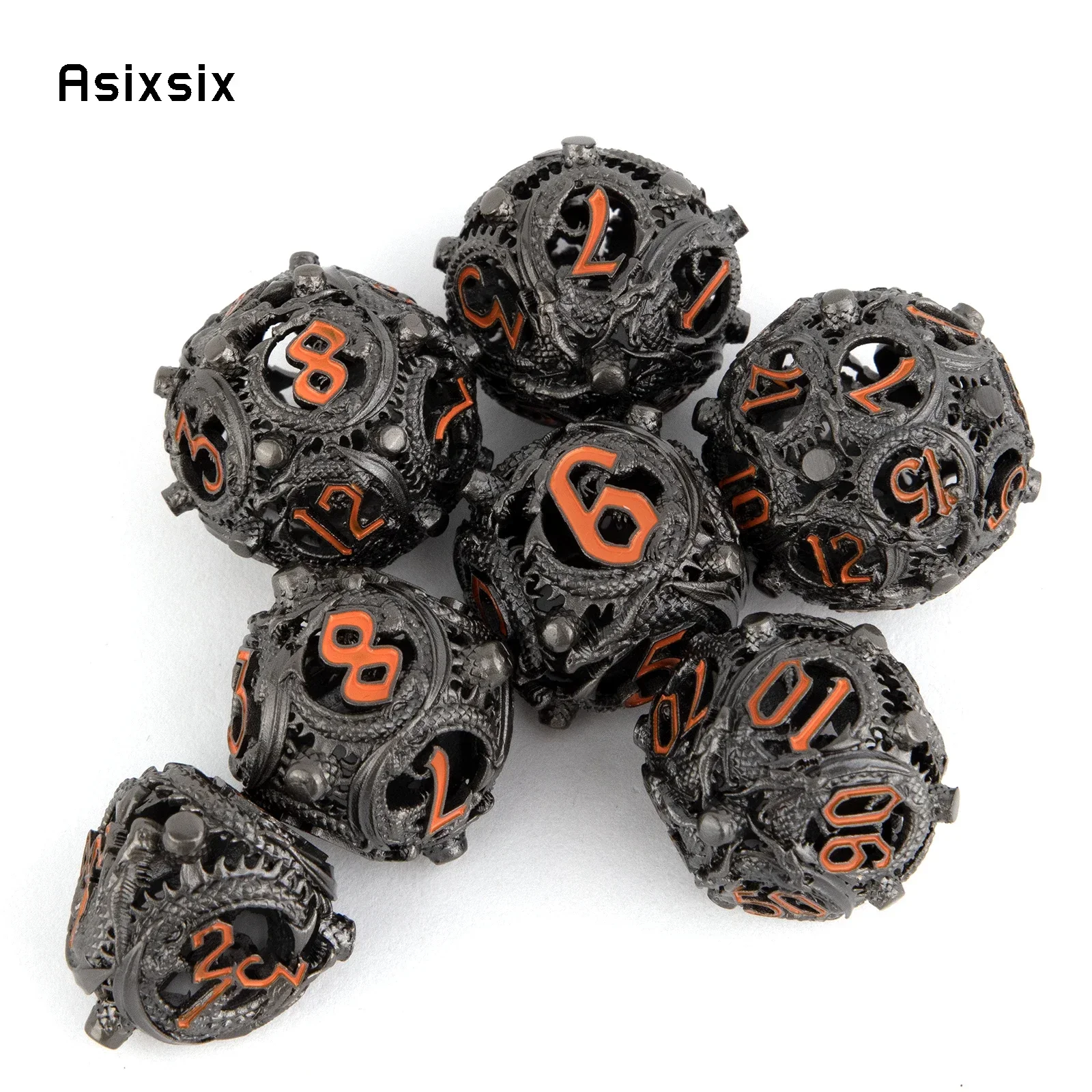 

7 Pcs Black Orange Circular Dragon Metal Dice Hollow Metal Polyhedral Dice Suitable for Role-Playing RPG Board Game Gift
