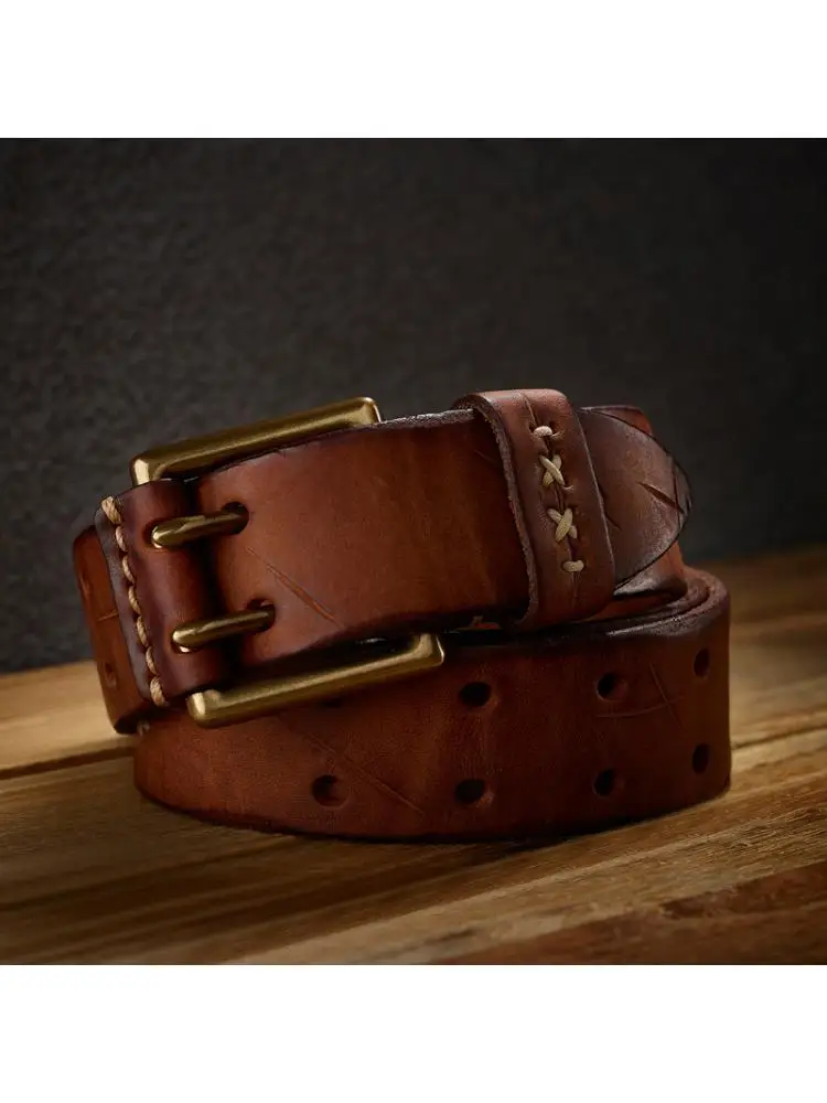 3.8CM Wide Men Cowhide Belt Handmade Full Stylish Versatile Trendy Korean style Waist Jeans Genuine  Layer Retro Copper Buckle