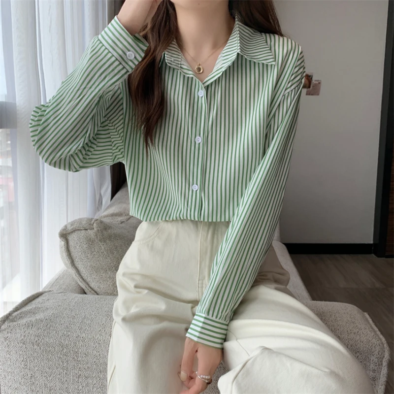 Female Spring Simplicity Loose Office Lady Striped Polo-Neck Long Sleeve Shirts Women Clothes Fashion All-match Appear Thin Tops