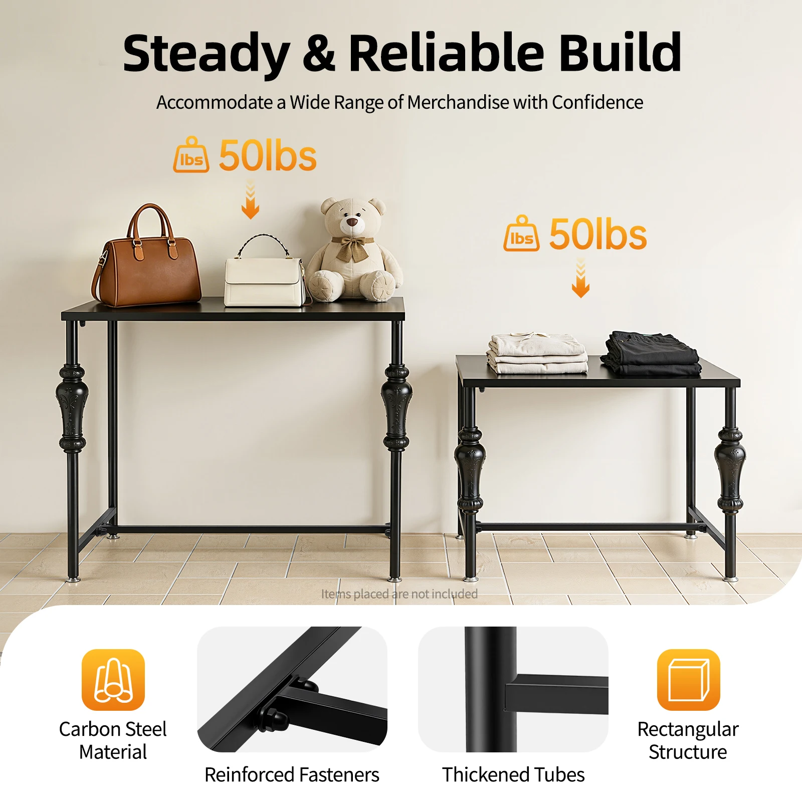 Industrial Retail Display Table 2‑Pack, Floor Standing Clothing Shoe Bag Display Rack, Modern Carbon Steel Storage Shelf For Boutique Store Home Bedroom