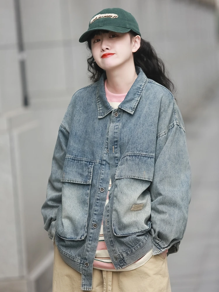 S-3XL Denim Jackets Women Autumn Baggy Pockets Streetwear Boyfriend Japanese Style Girlish Versatile Retro Bleached Aesthetic