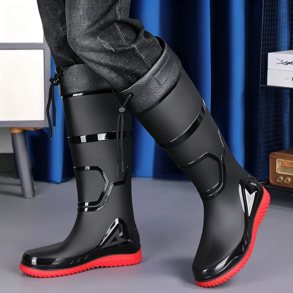 PVC Men's Rain Boots Adjustable Drawstring Collar Mesh Lining Tall Rain Boots Anti-Slip Sole Waterproof Rubber Shoes