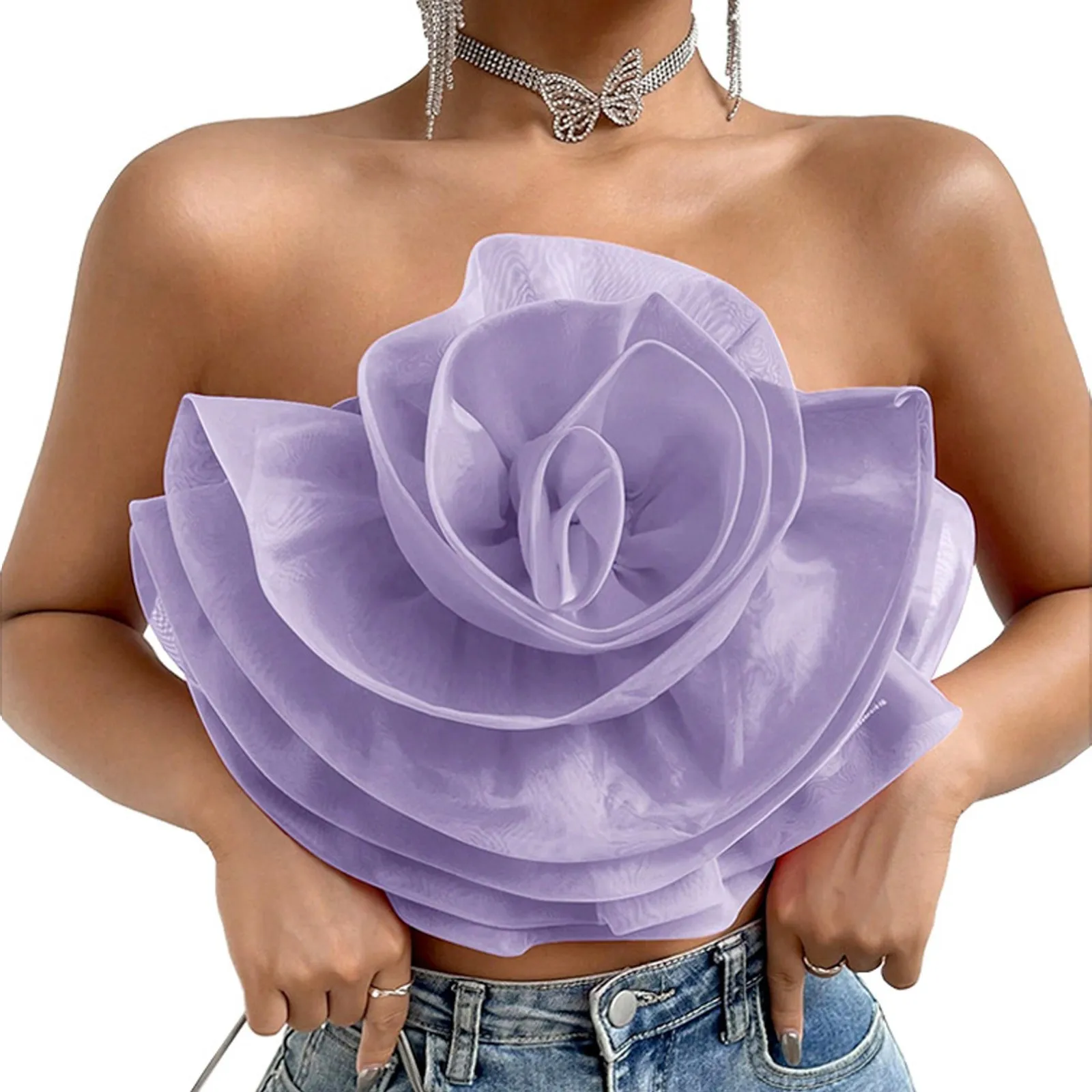 Slim Fit Women\'s Flower Front Crop Tube Top Sleeveless Strapless Solid Shirred Tops Camisole Loose Tops Women