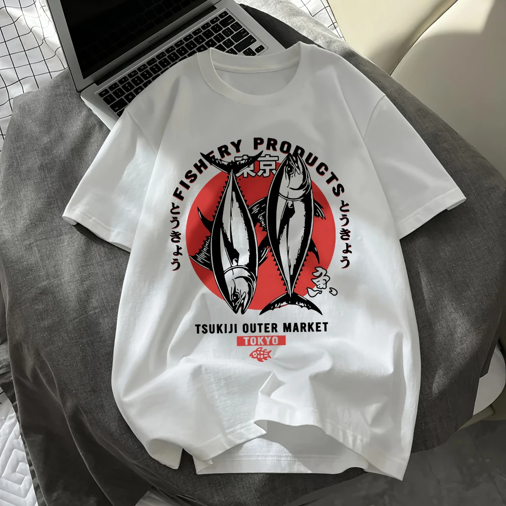 Tokyo Fishery Products Bedruckte Baumwoll-T-Shirts für Damen, Sommer-Oversize-Tops, O-Ausschnitt, weiche Kurzarm-T-Shirts, Basic-Kleidung