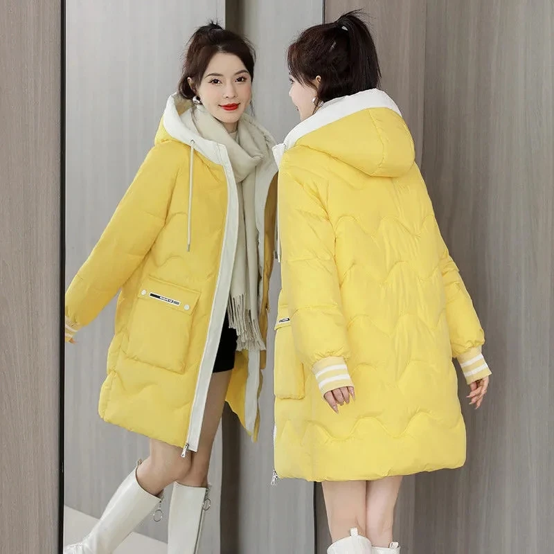 Down Padded Cotton Jacket Women\'s 2023 New Winter Loose Korean Long Hooded Padded Coat Padded Jacket Thickened Coat Blue Yellow