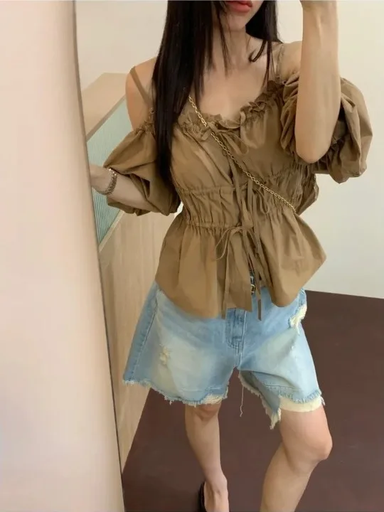 Faionable oulder Bared Belted irt Damen Sommer New Folded Bubble Sve Strap on Top Straight Tube Pure Color Commute