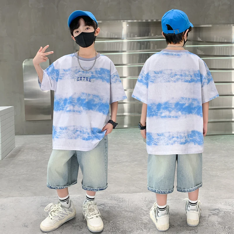 Fashion Kids Boys Summer sets clothing Blue Stripe T-shirt and Denim Shorts for Tweens Child New Casual 2PCS Outfit Suit 5-14Y