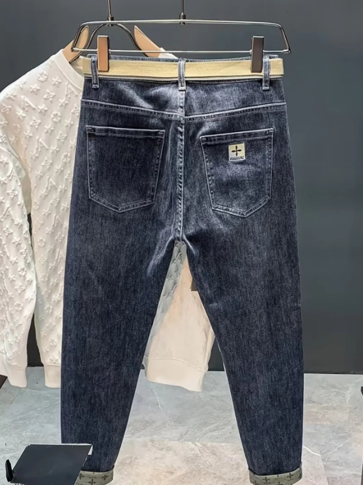 Men's Fce Lined Thiened Winter Straight Leg Jeans Slim Fit Bootcut Trousers Elastic Versatile Long Pants Trendy Brand