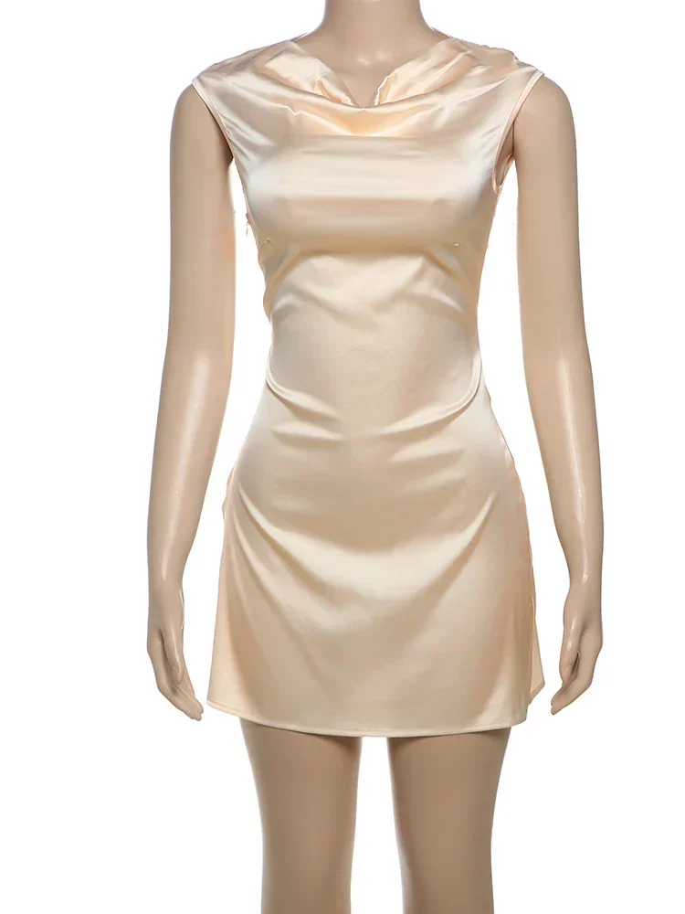 Laxsesu sexy cetim botão vestido feminino elegante 2025 tendência verão sólido simples fino pilha colarinho sem mangas zíper mini bodycon