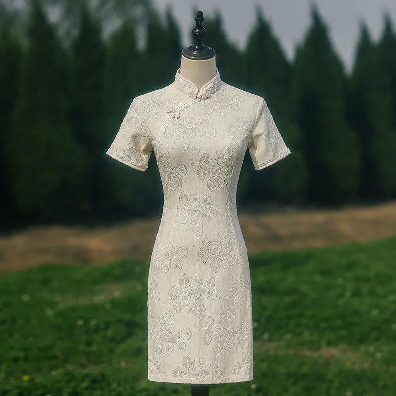 

Women Beige Lace Cheongsam Short Sleeve Vintage Dress Slim Elegant Show Costumes Floral Short Qipao S To 2XL