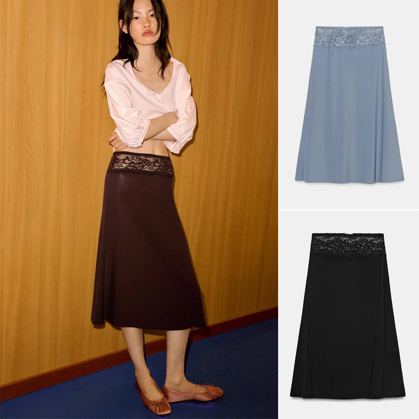 Spring New Women's Simple Long Mid-Waist Elastic Waist Lace Splicing Skirt A-Line Polyester Fiber Standard Fit Ladies Skirt