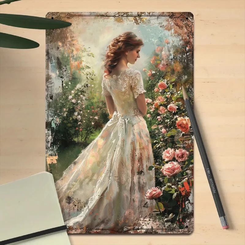 Vintage Victorian Style Elegant Lady with Roses Metal Sign, 8x12 Inch Wall Art, Suitable for Two-Dimensional Printed Decor in Ga