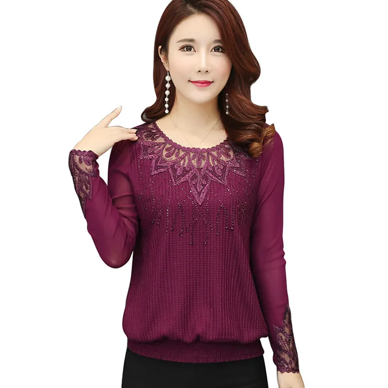 Women lace blouse shirt New 2018 long sleeved knitted shirt Elegant loose women tops plus size blouses women clothing XL- 5XL