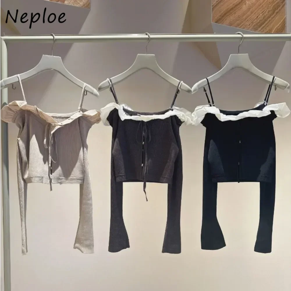 Neploe Casual Slim Slash Neck Flare Sleeve Jumper Ruffles Off Shoulder Lace Up All-match Cardigan Japan Knit New Straps Tops