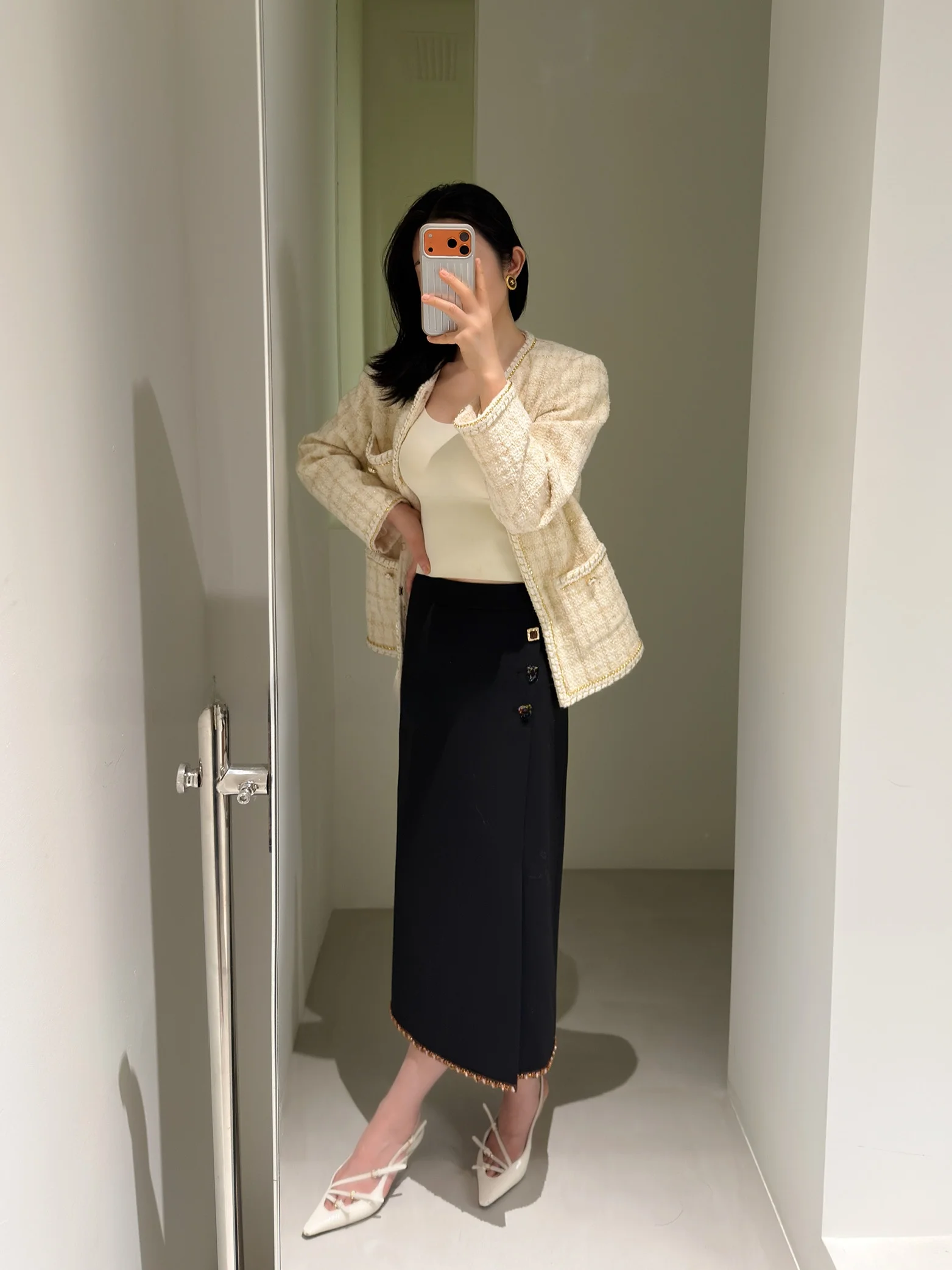 

Jiaoyang Classic Handmade Beaded Slimming Woolen Half Skirt Black A-Line High Waist Spring Summer Thin Showy Premium Quality