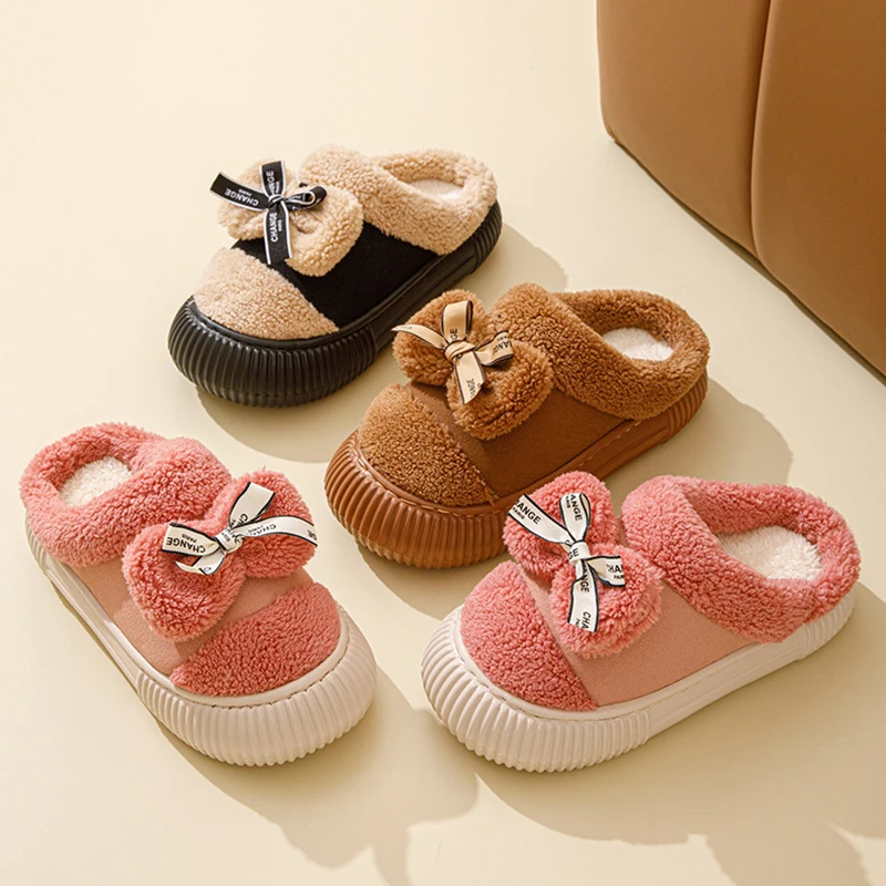 

Fluffy Slippers Women Home Winter Casual Bow Designer Shoes Girls Indoor Plush Warm Slides Luxury Fashion Elegant Flat Footwear