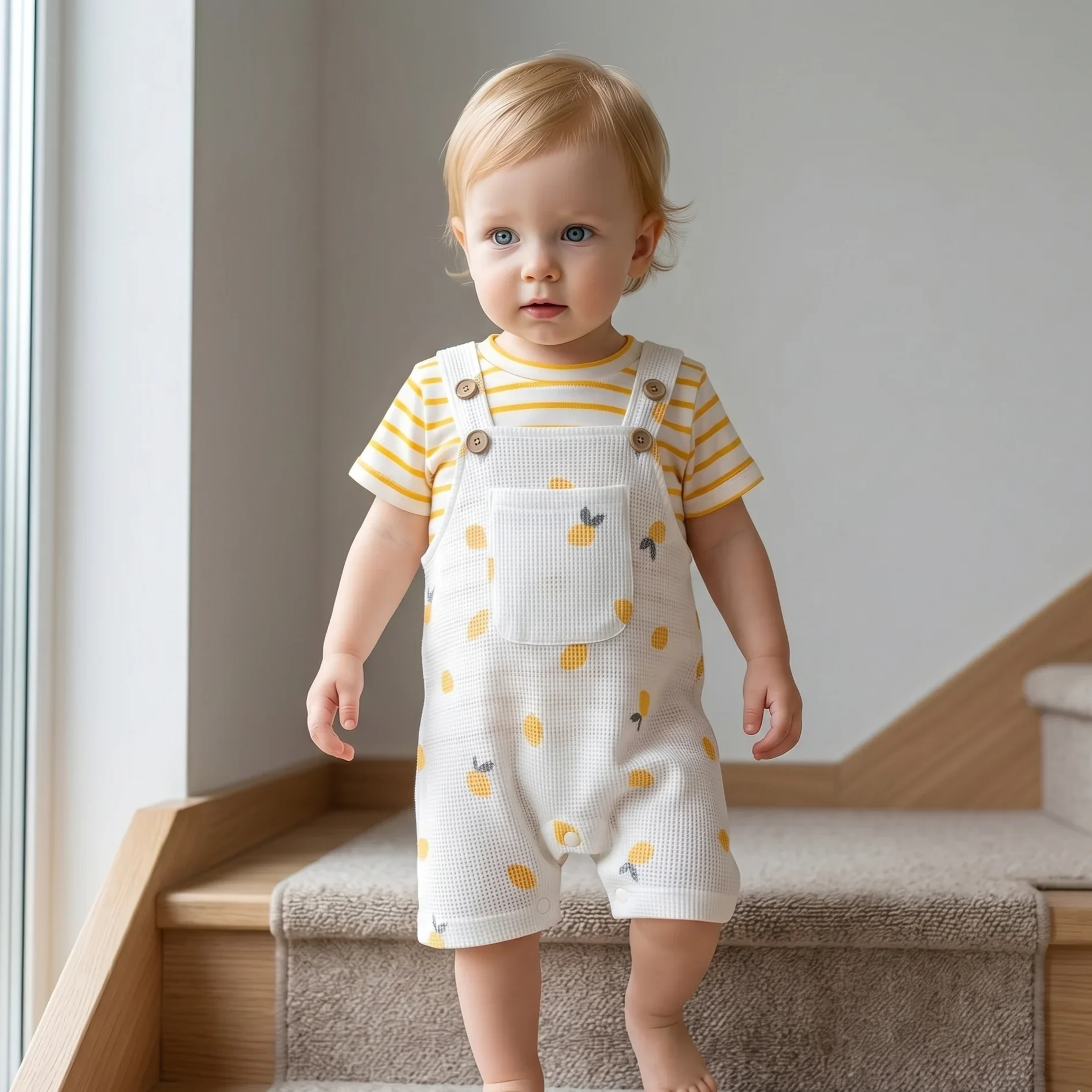 Baby Boys Girls Striped T-Shirt + Cartoon Lemon Print Denim Overalls Set, Cute Summer Casual Outfit for Going Out 0-18M