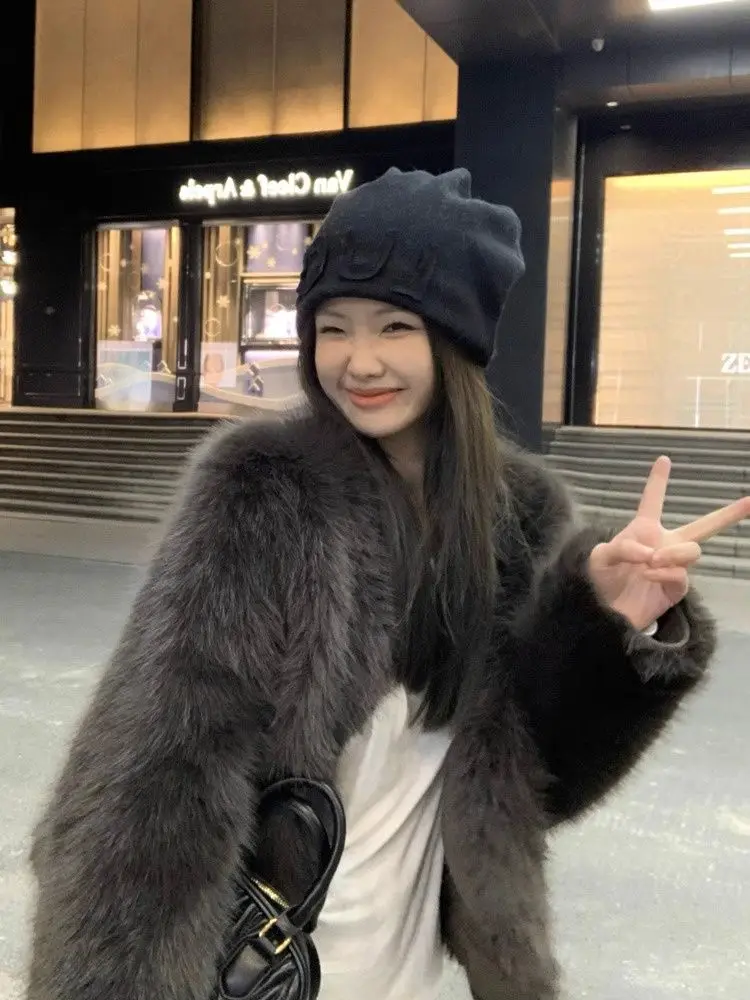 Casacos de gola de pele falsa feminino festivalholeskin peludo fino alargamento com nervuras boutique botão de leopardo raglan tendência de estilo japonês