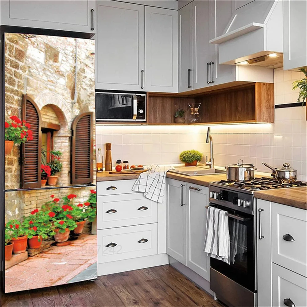 3D Marble Flower Fridge Stickers Door Cover Adhesive Refrigerator Wallpaper Vinyl Custom Freezer Film Decor Decal Mural Kitchen