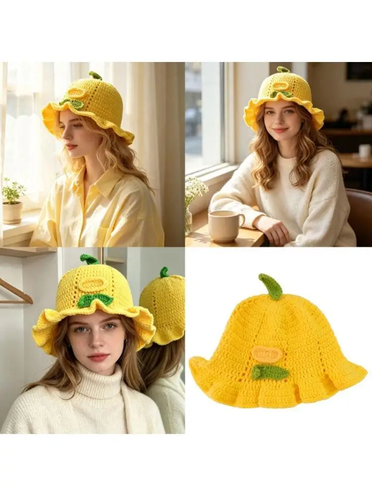 39BD Creative Lemon Bucket Hat Crochet Ruffle Trim Floppy Hat for Daily Wear Styling