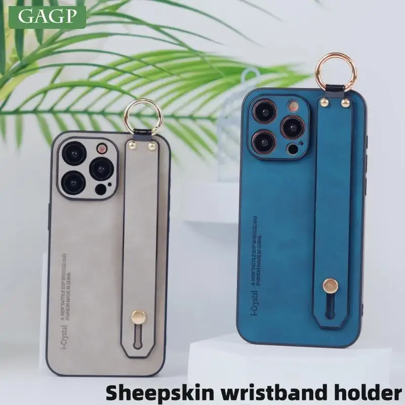 Luxury Leather Wrist Strap Bracket Phone Case For iPhone 15 14 13 12 11 Pro Max 15 14 Plus Shockproof Sheep Skin Silicone Cover