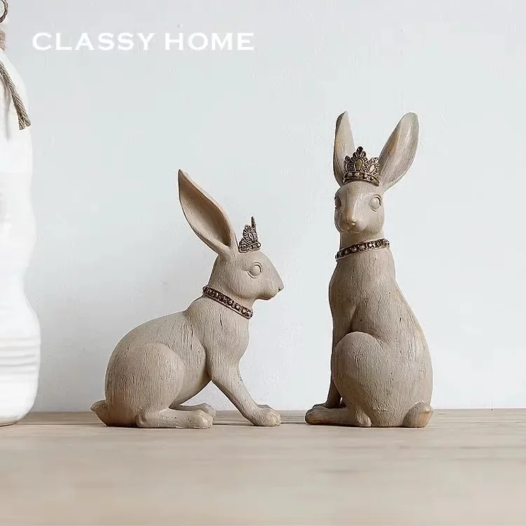 Retro Palace Crown Rabbit Figurines Cute Animal Sculptures  Nordic Idyllic Home Decoration Garden Ornaments