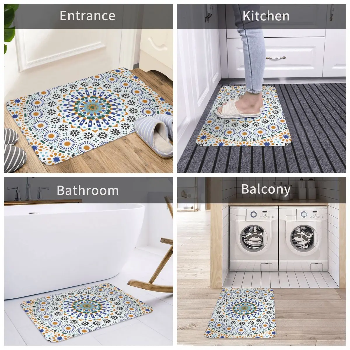 Moroccan Zelig Tile Retro Abstract Multi Color Pattern Anti-Slip Doormat Bath MatVintage Flower Floor Carpet Entrance Door