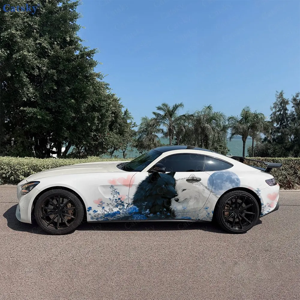 2pcs Moonlit Blue Flowers Heart Wolf Car Side Wrap, Self-Adhesive PVC Waterproof & Scratch-Resistant Sticker, Car Accessory Gift