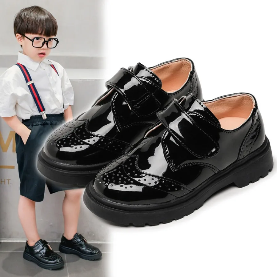 Boys' Shiny Patent Leather Block Small Leather Shoes, Thick Soled Anti Slip  Shoes, Piano Speech Stage Performance Single Shoes